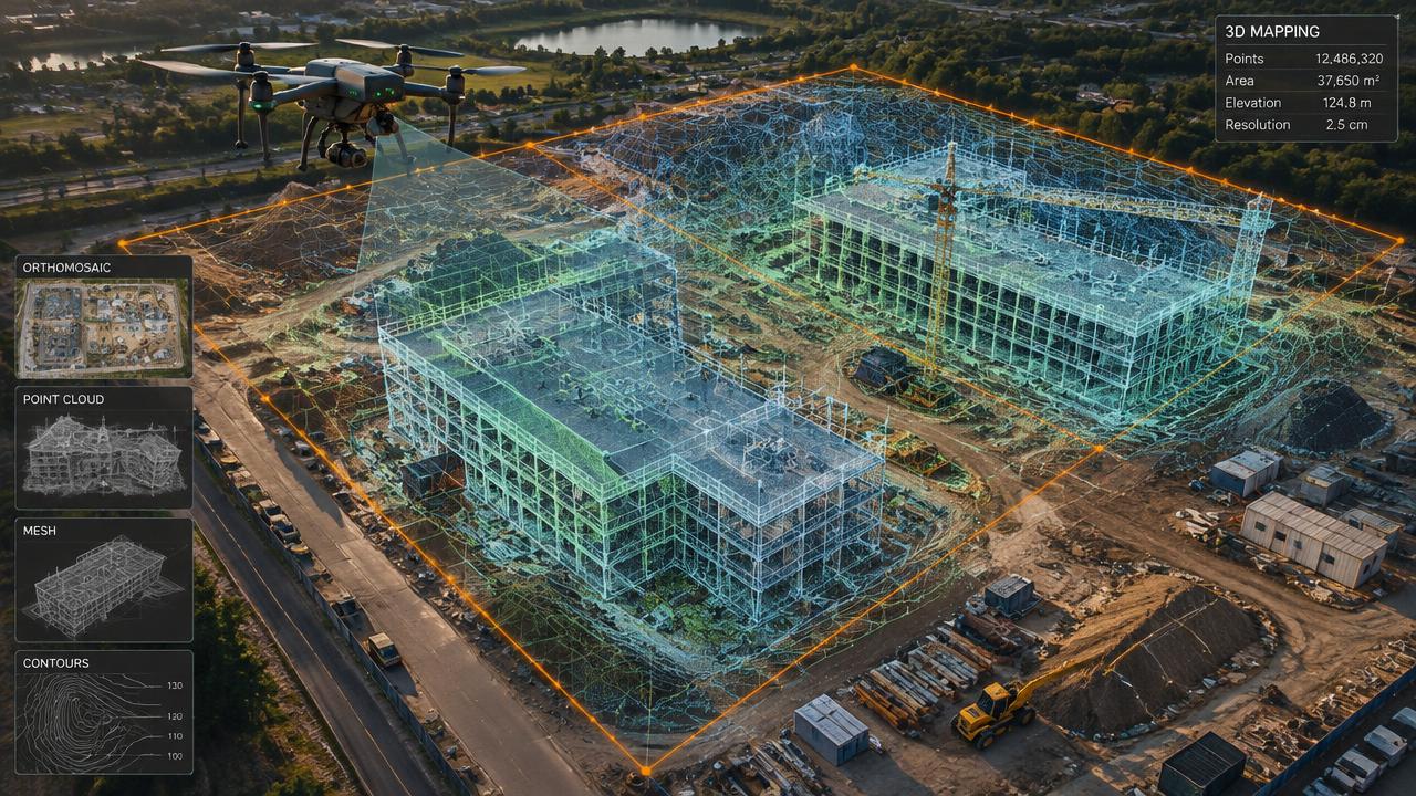 Drone 3D model of a construction site used for progress monitoring