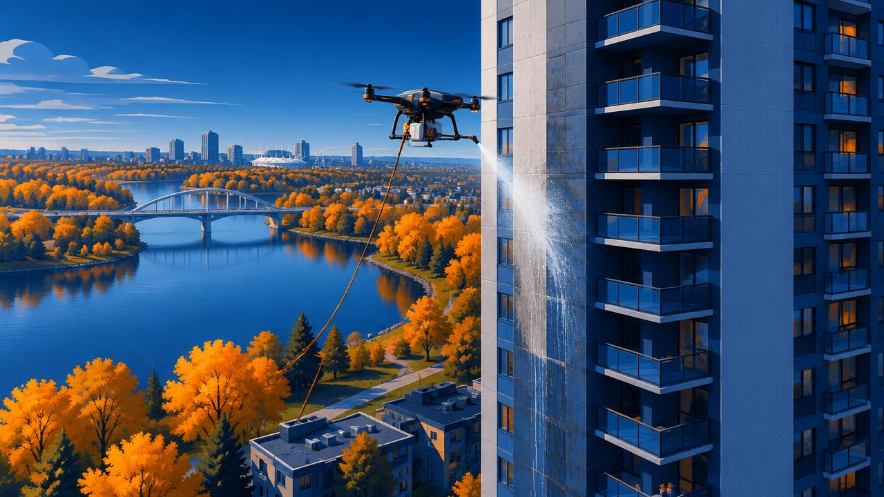 Illustration of drone work at 909 St Mary's, Winnipeg — Riverside apartment tower
