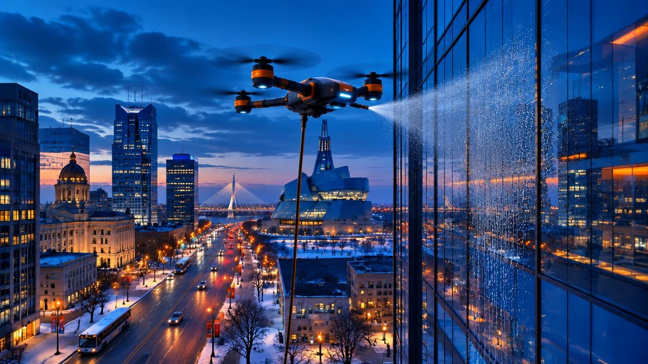 Illustration of drone work at 283 Portage, Winnipeg — Portage Avenue commercial building