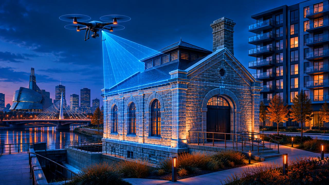 Illustration of drone work at 123 James — Pump House & Apartments, Winnipeg — Heritage pump house & apartments