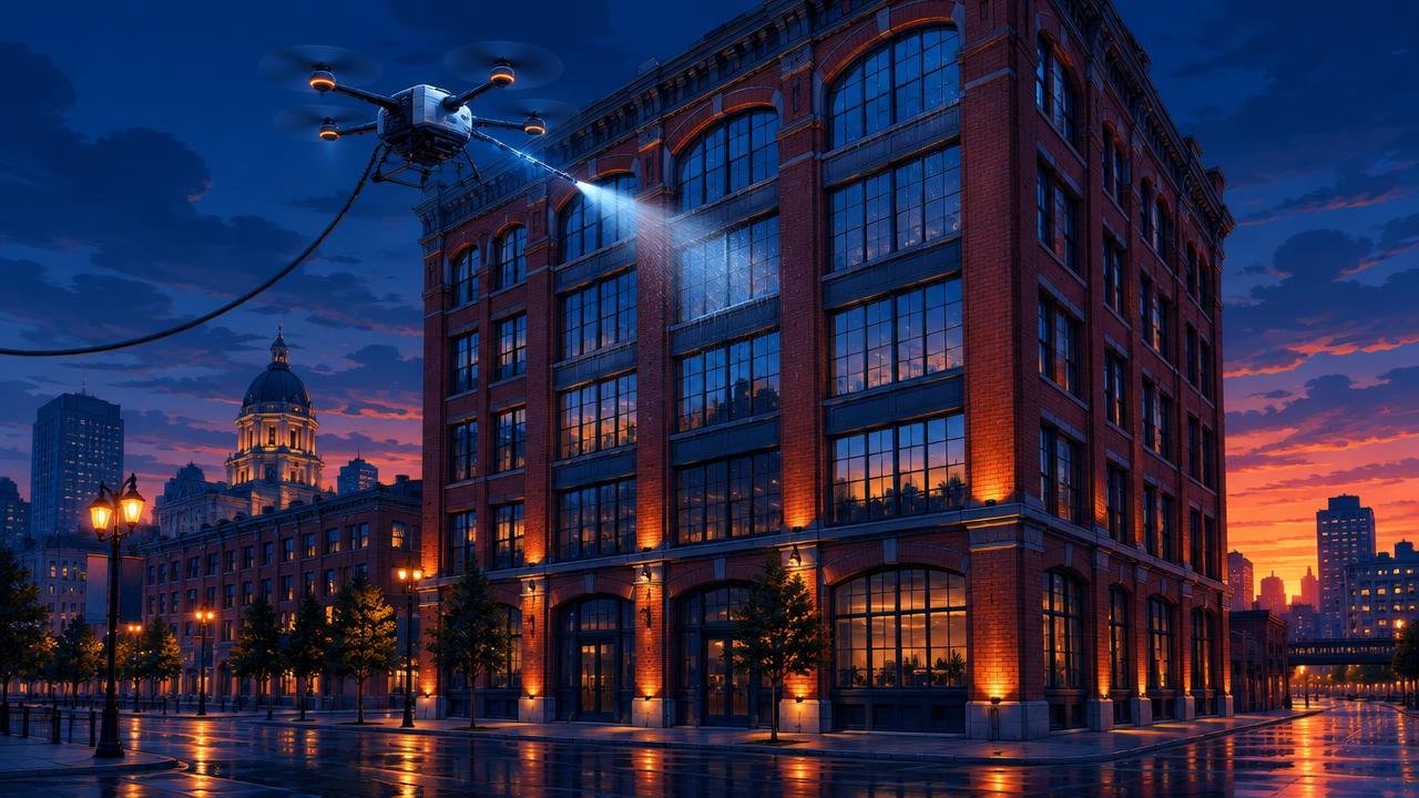 Illustration of drone work at 127 Bannatyne, Winnipeg — Exchange District heritage building