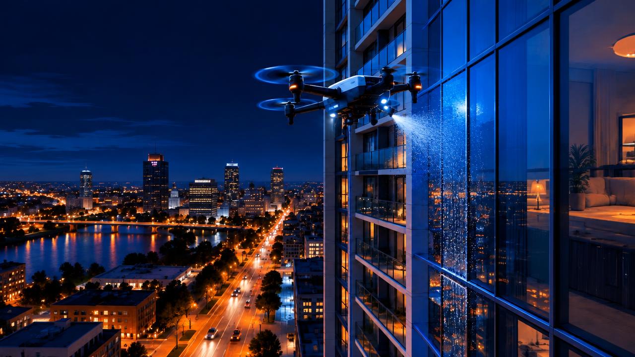 Illustration of drone work at 433 Main — Passport Building, Winnipeg — Downtown high-rise